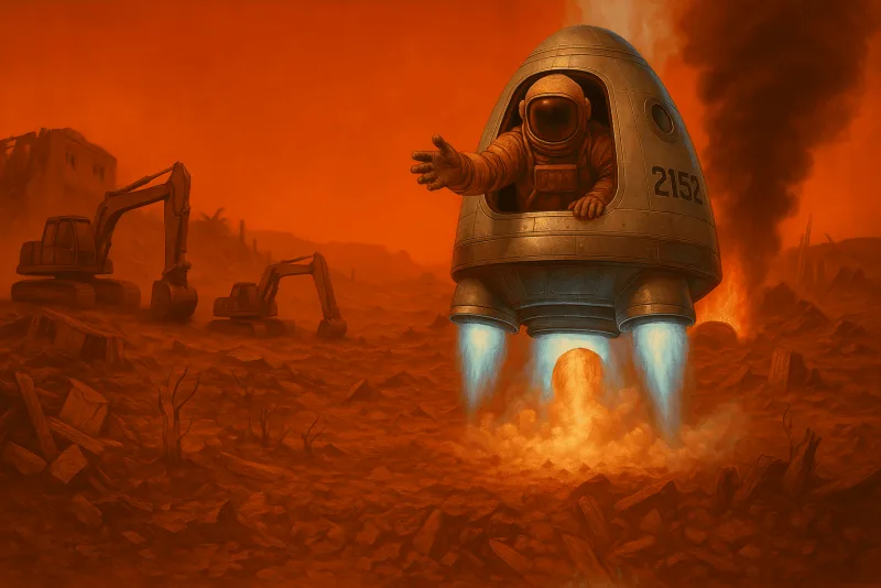 An astronaut leaning out of a landing shuttle, waving, on an orange planet
